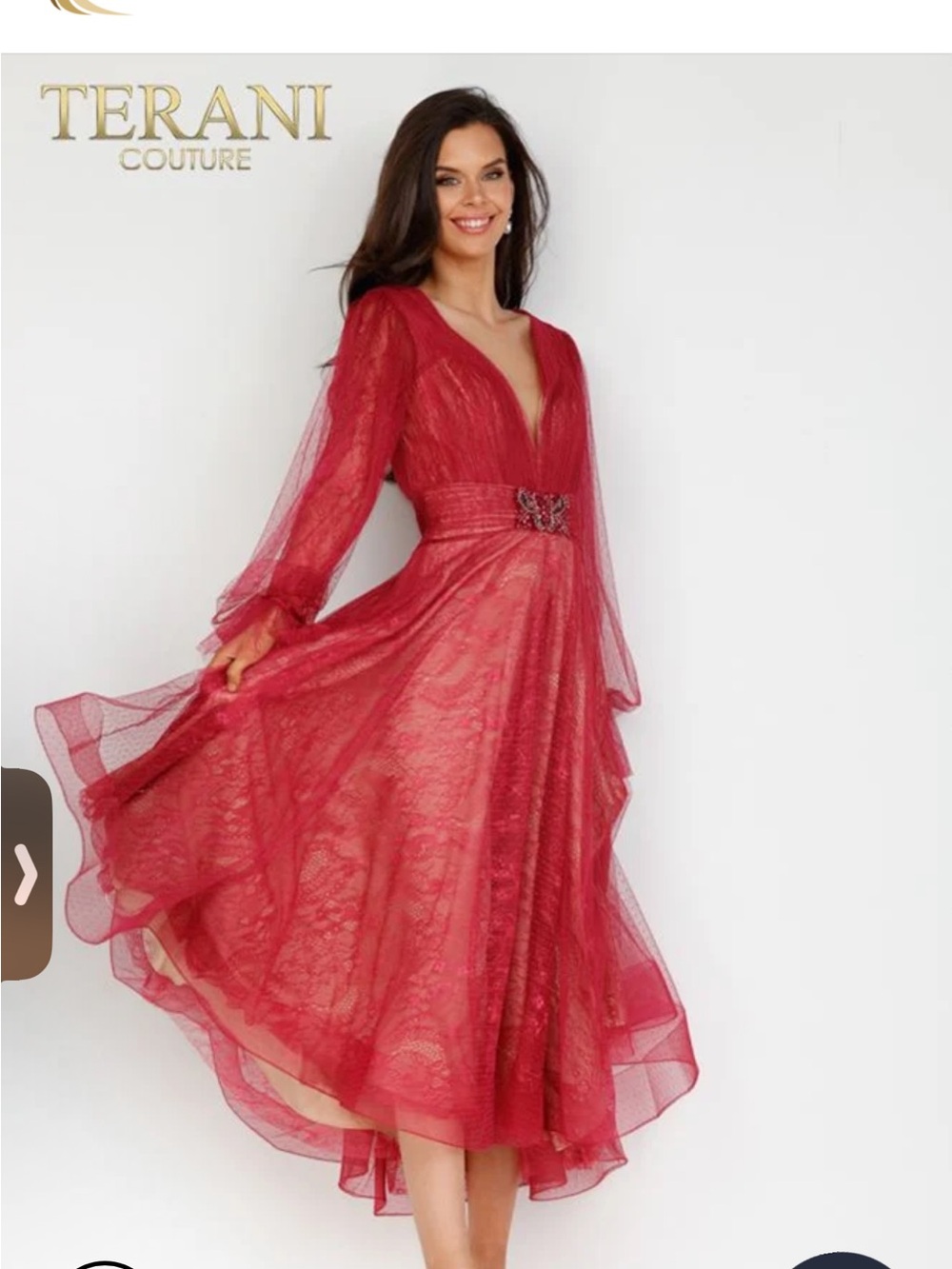 Terani Couture Red Lace V-Neck Long Sleeve Midi Dress with Waist Accent